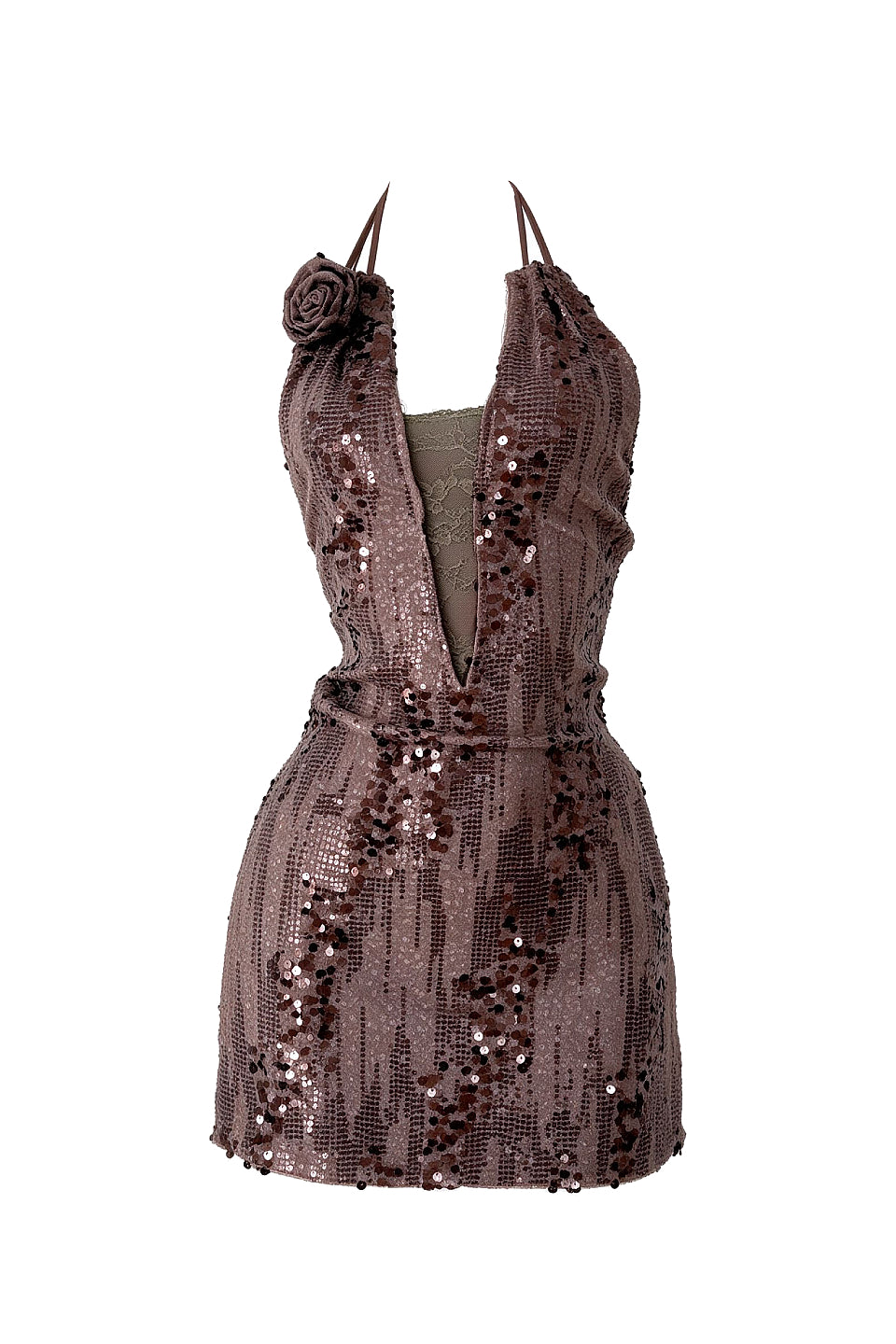 Mauve Brown Sequin Halter Mini Dress