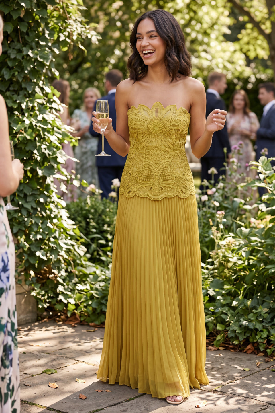 Mustard Green Blossom Chiffon Gown