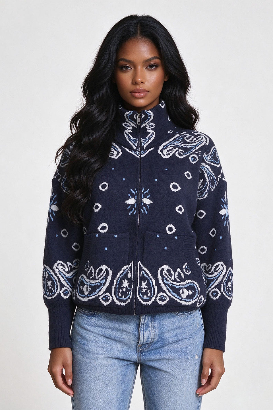 Navy Paisley Zip Cardigan