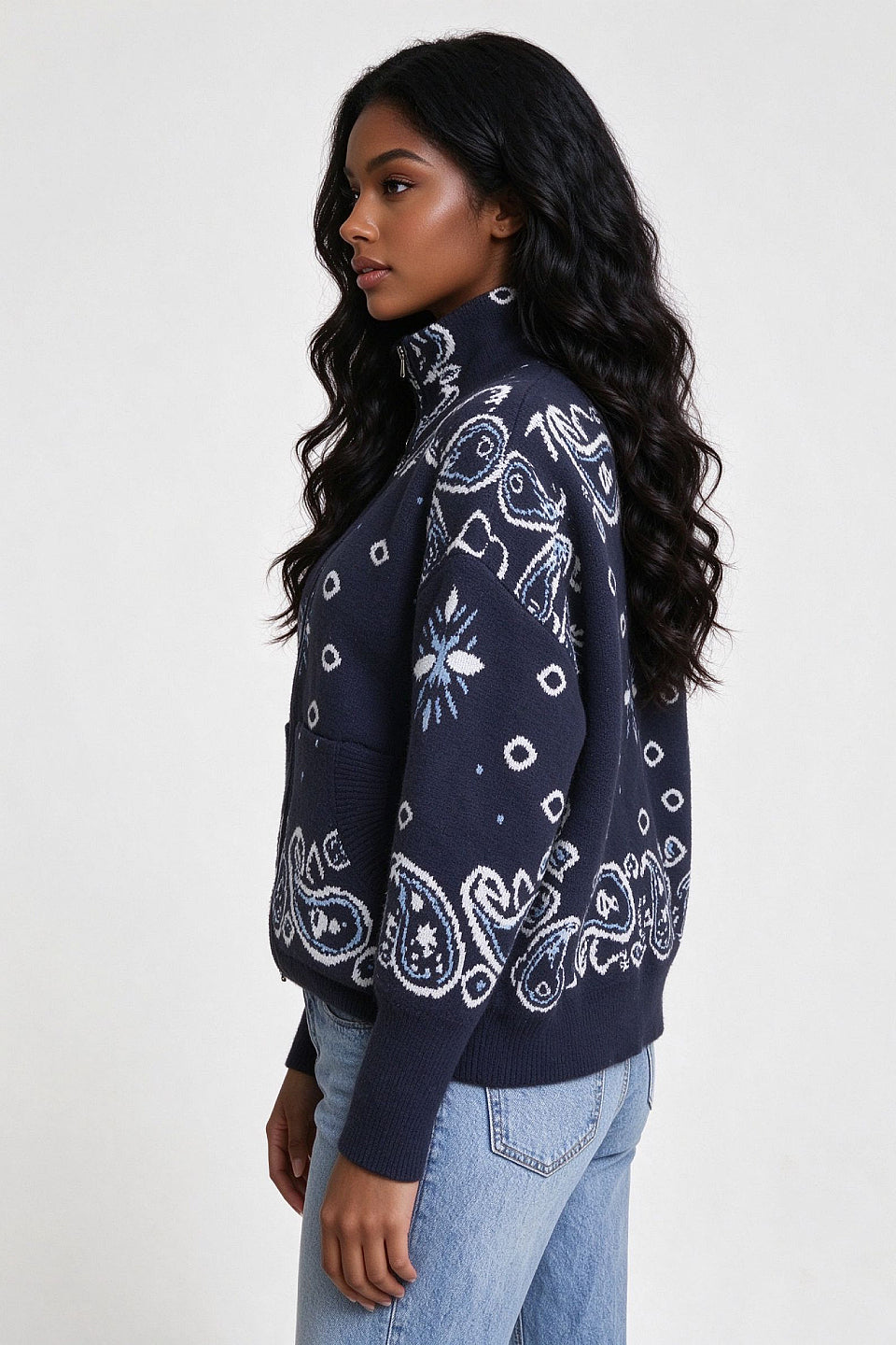 Navy Paisley Zip Cardigan