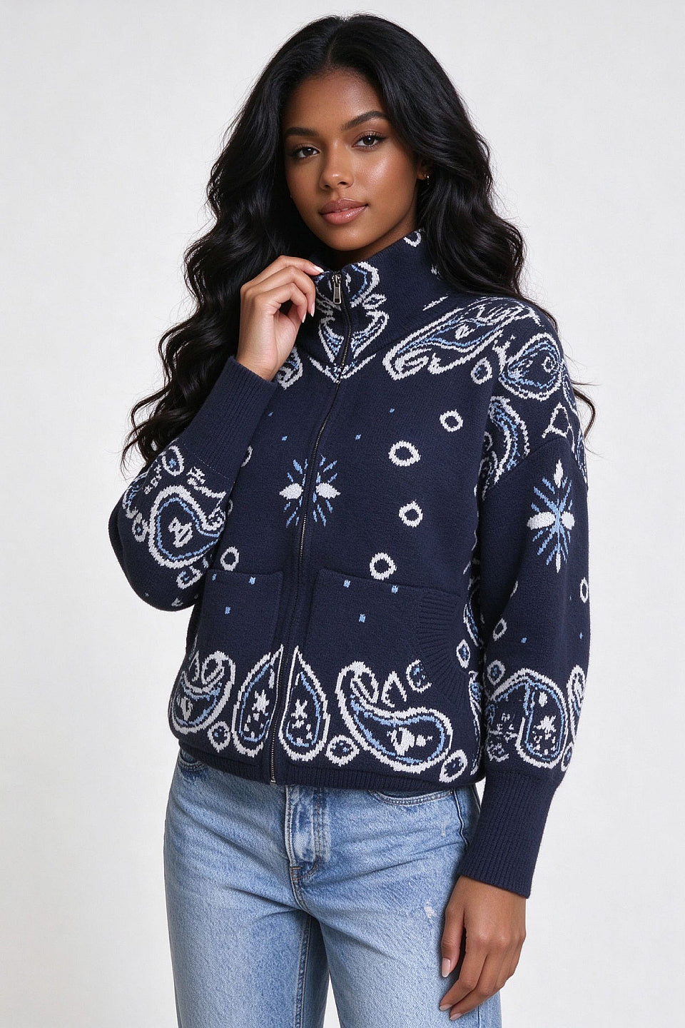 Navy Paisley Zip Cardigan