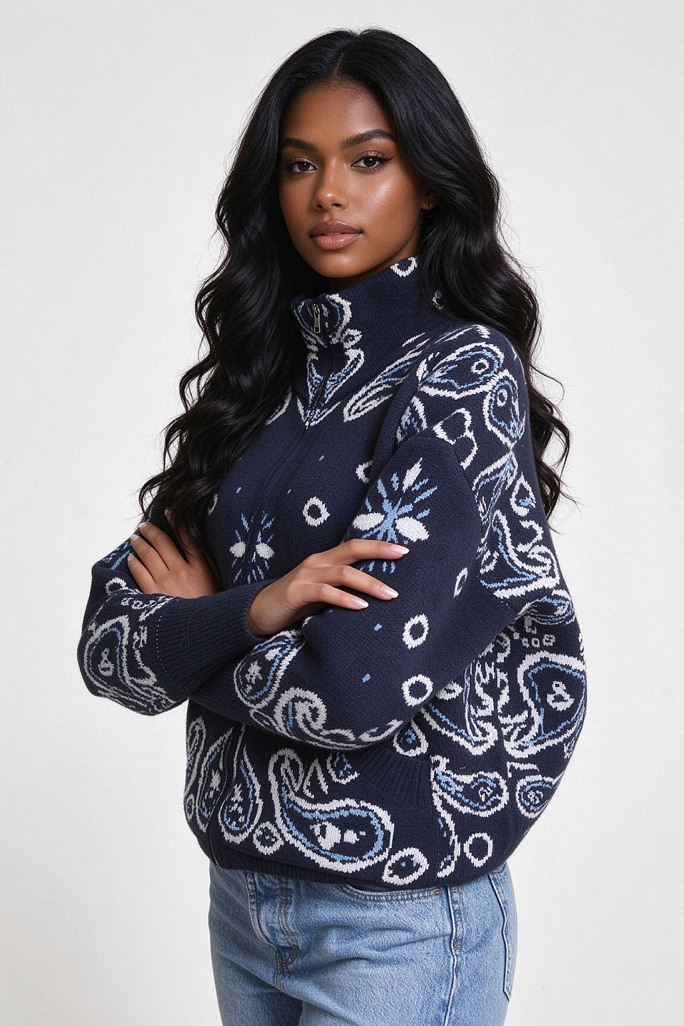 Navy Paisley Zip Cardigan