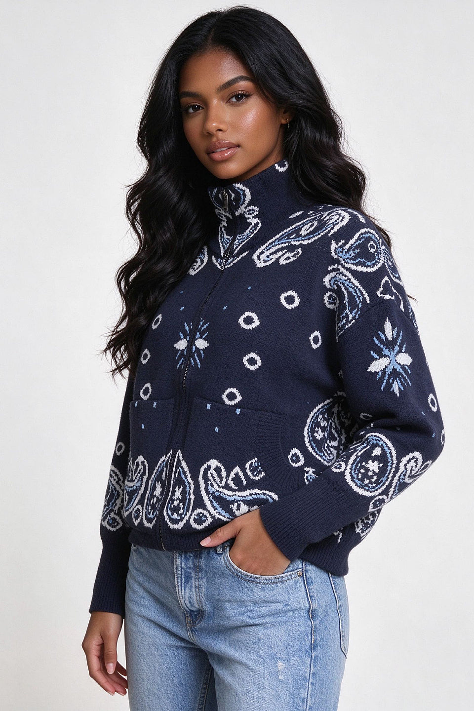 Navy Paisley Zip Cardigan