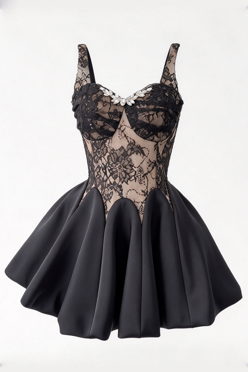 Noir Rhinestone Lace Mini Dress