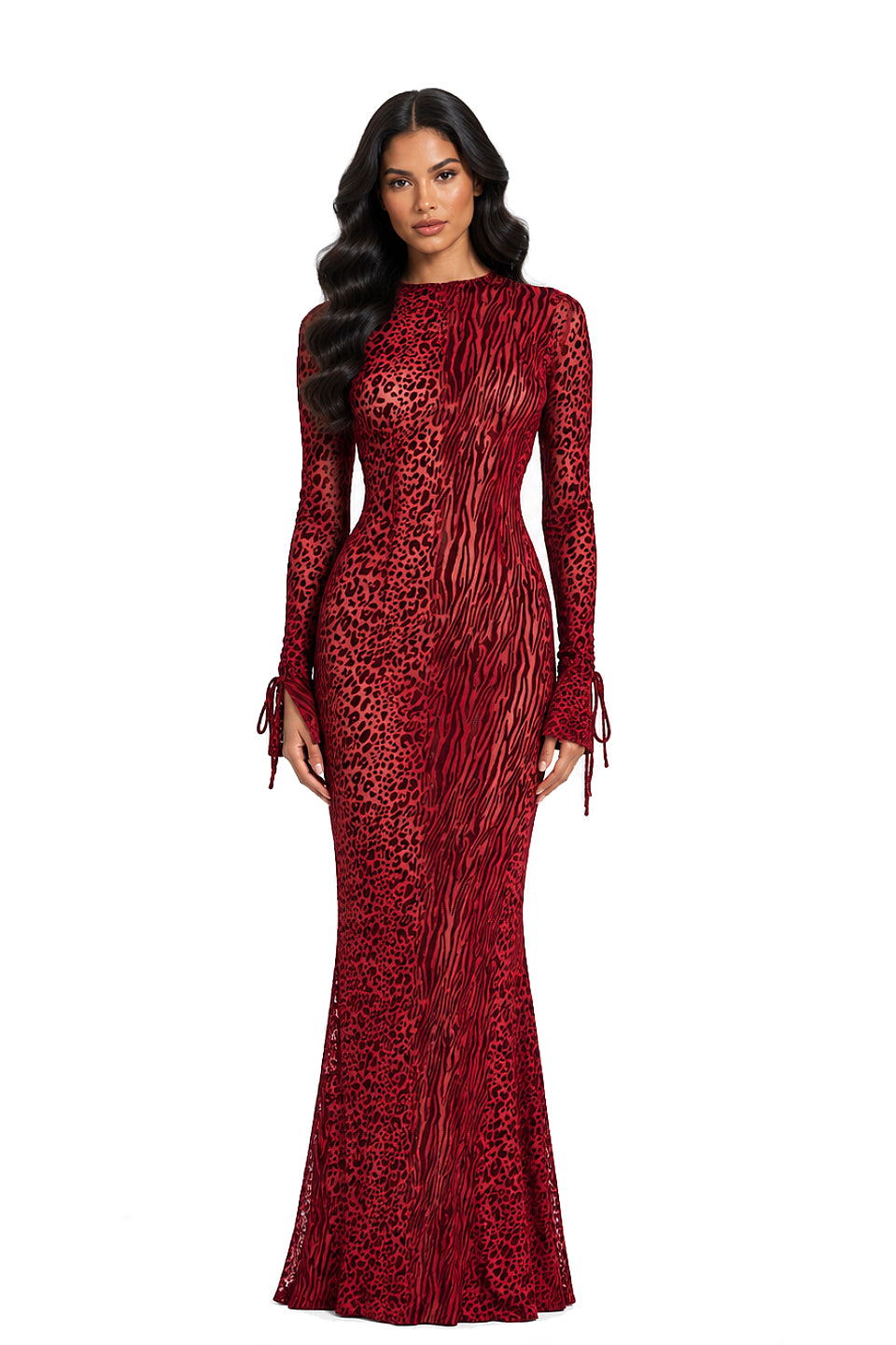 Red Leopard Flocked Mesh Gown