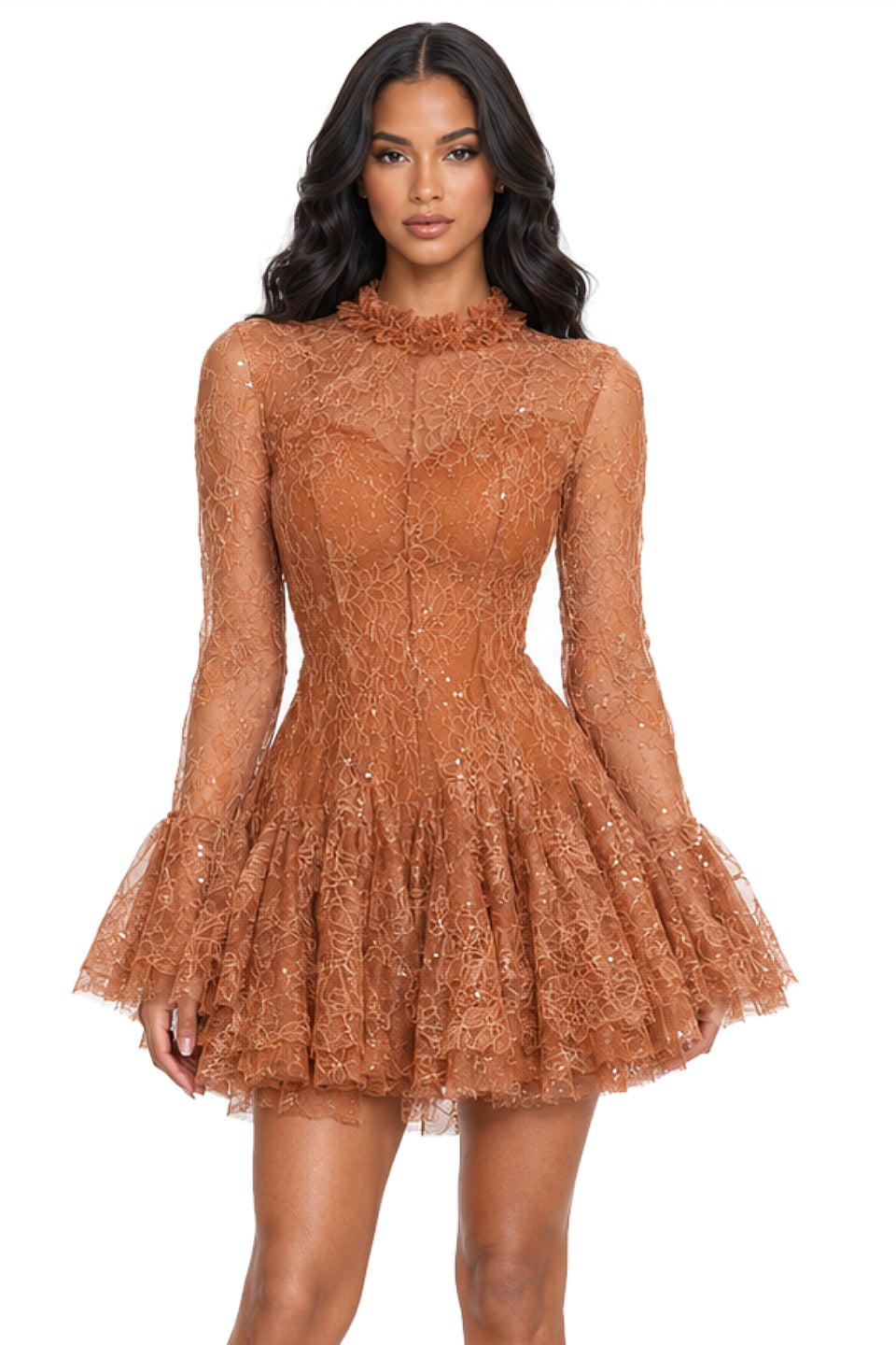 Rust Sequin Lace Mini Dress
