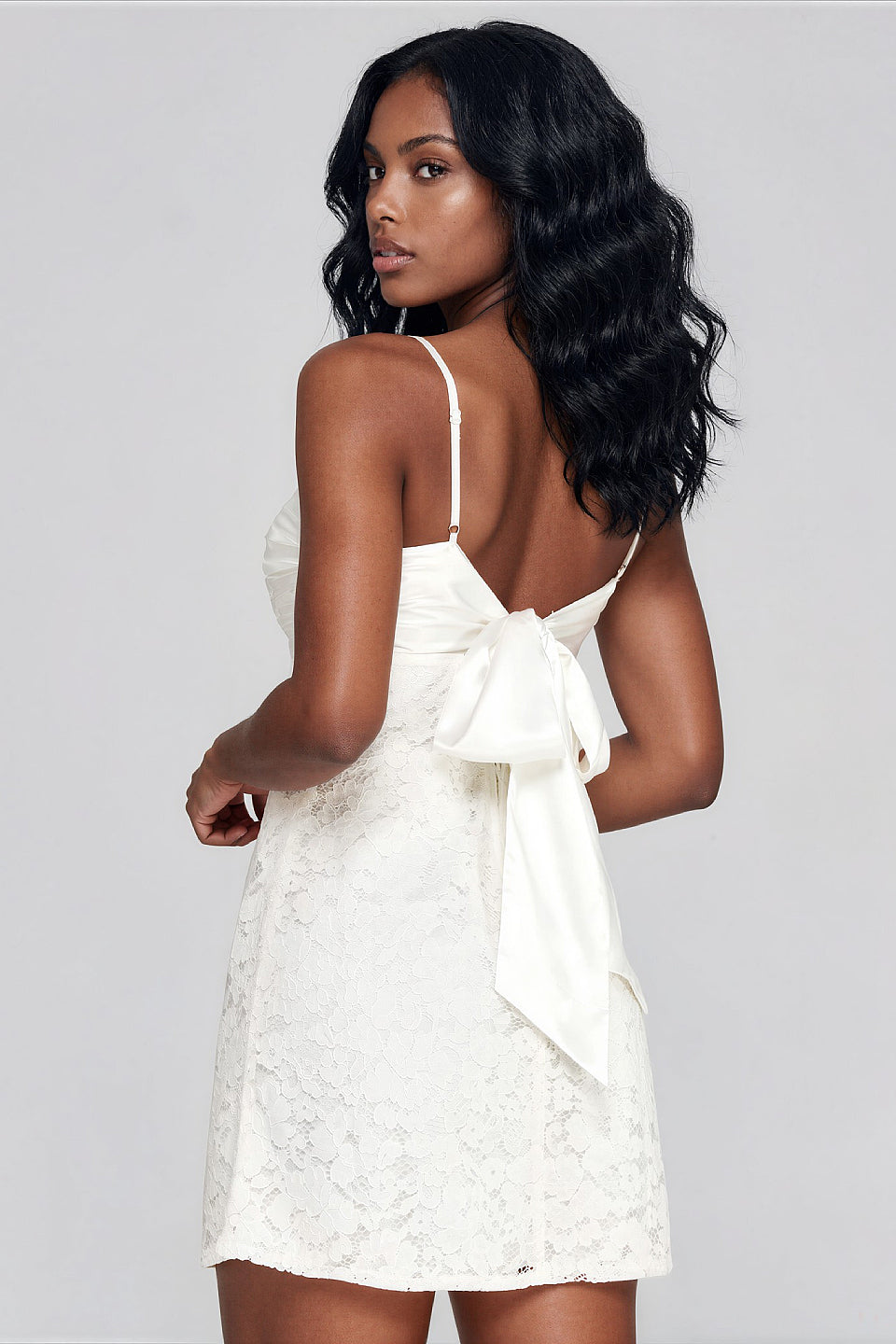 Ivory Bow Twist Satin Mini Dress