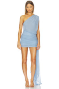 Blue One-Shoulder Chiffon Mini Dress