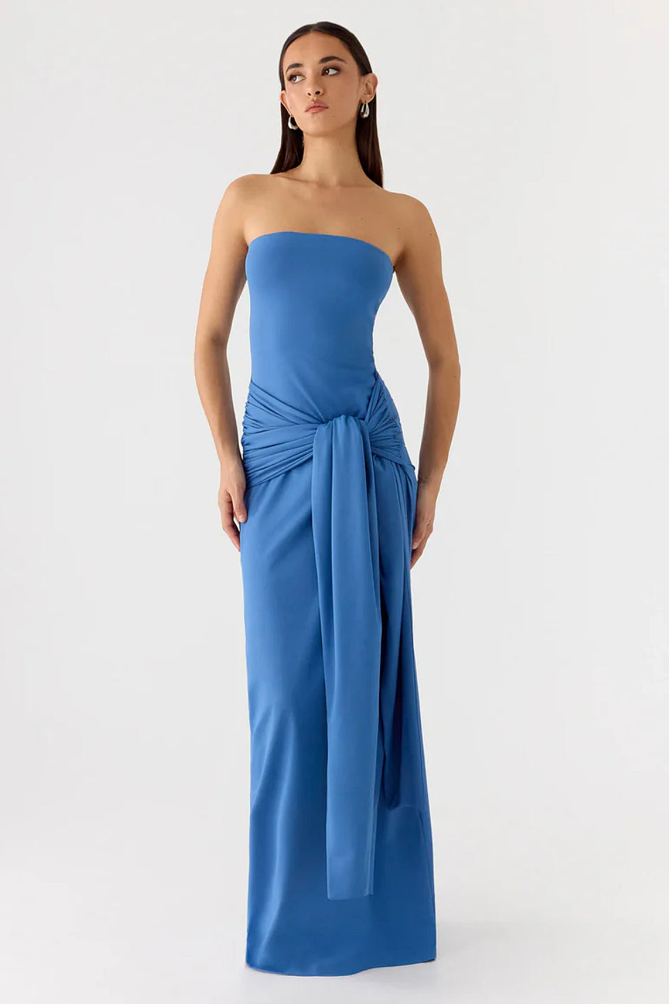 blue bandeau maxi dress Avery | Powder BLUE Bandeau Maxi Dress With Embellished Scarf