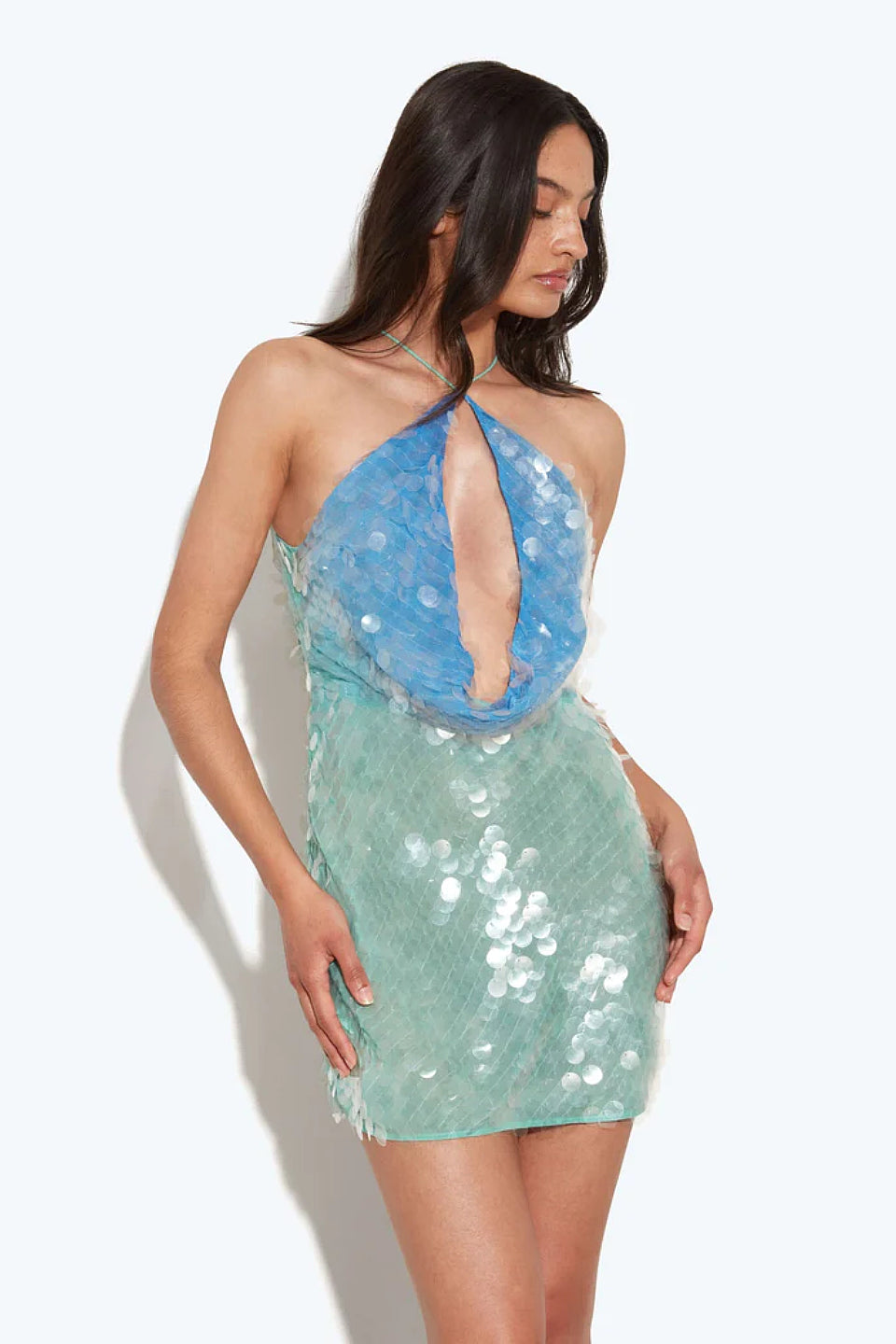 Teal Ombre Sequin Cutout Mini Dress