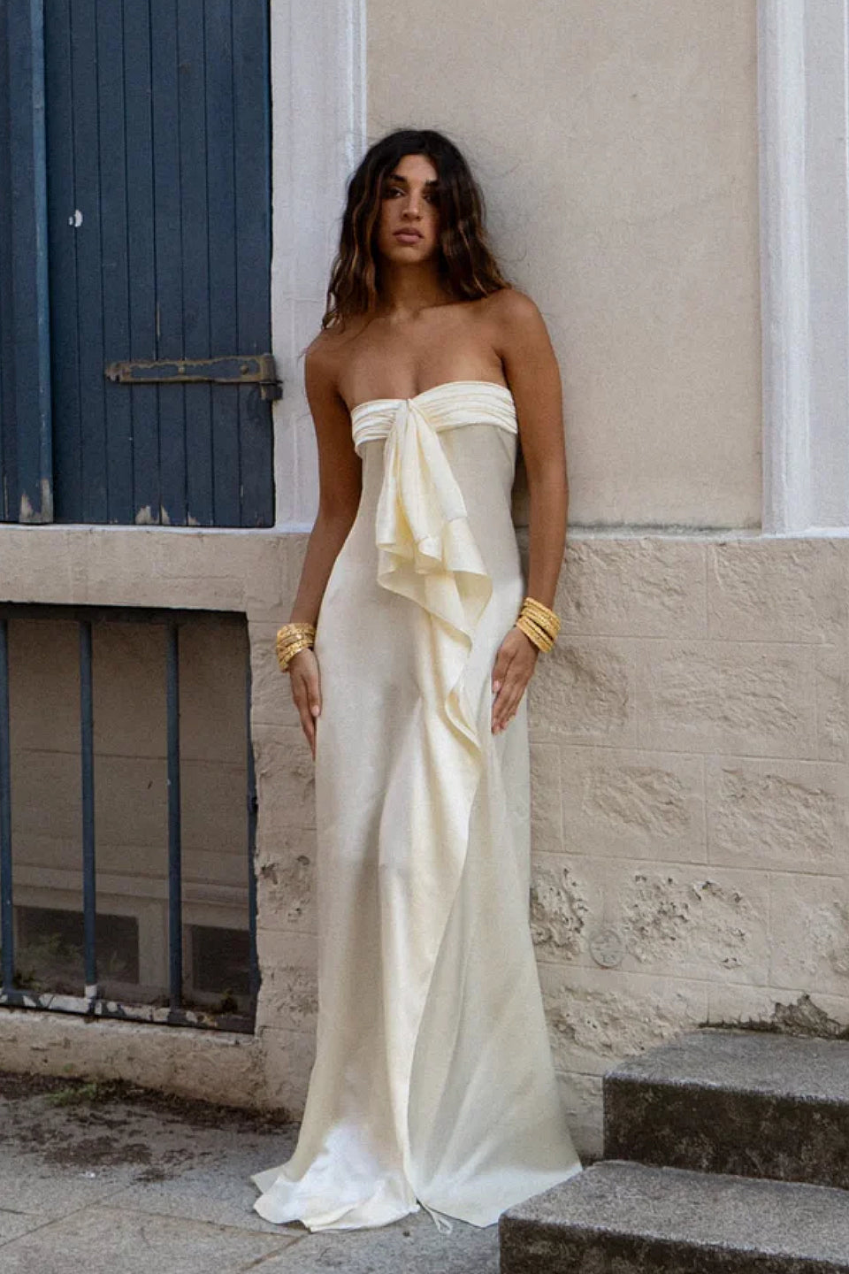 Cream Bandeau Bow Satin Maxi Dress