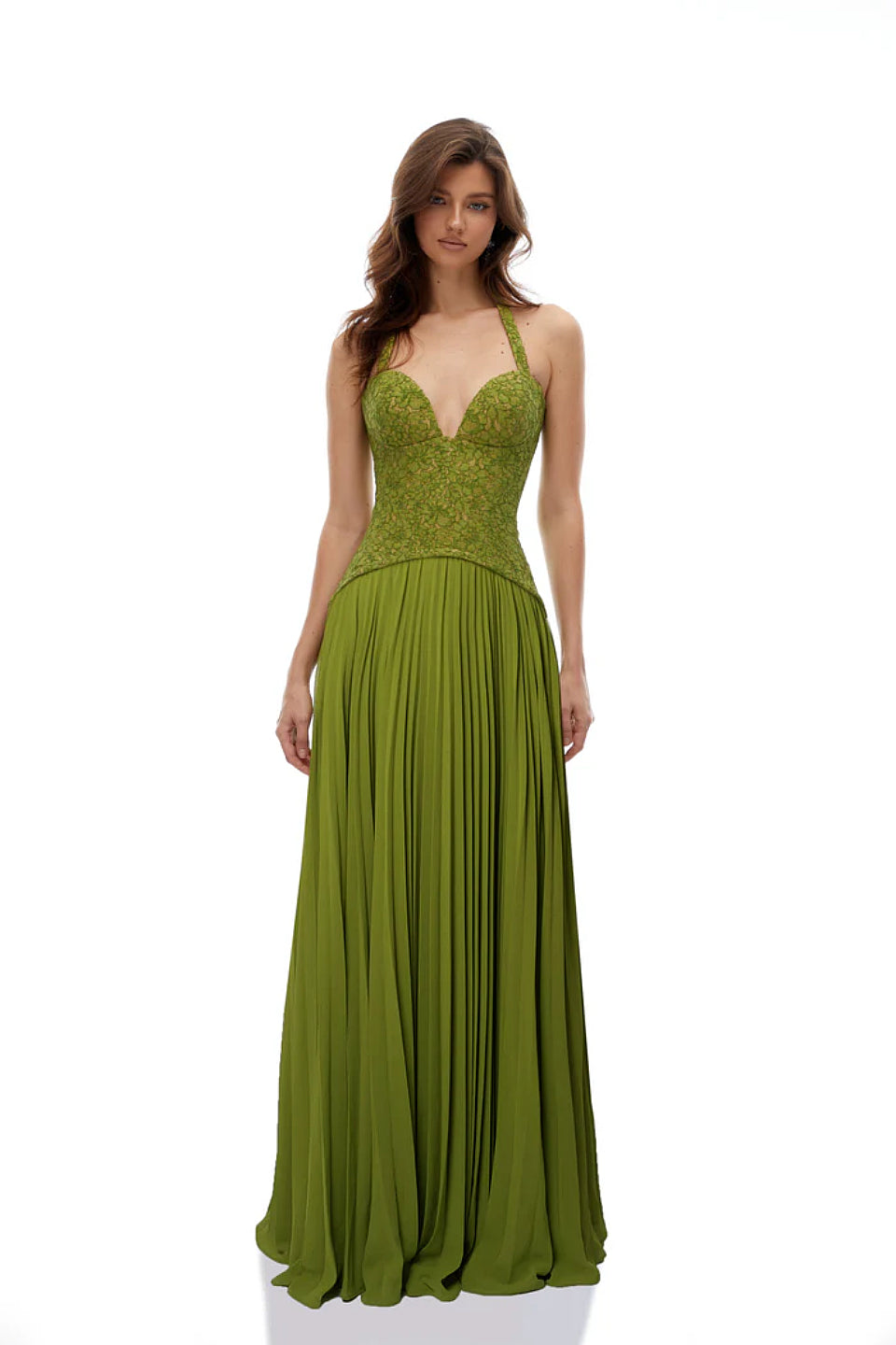 corset pleated dress Green Lace Corset Pleated Gown