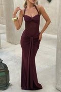 Burgundy Mesh Halter Fishtail Gown