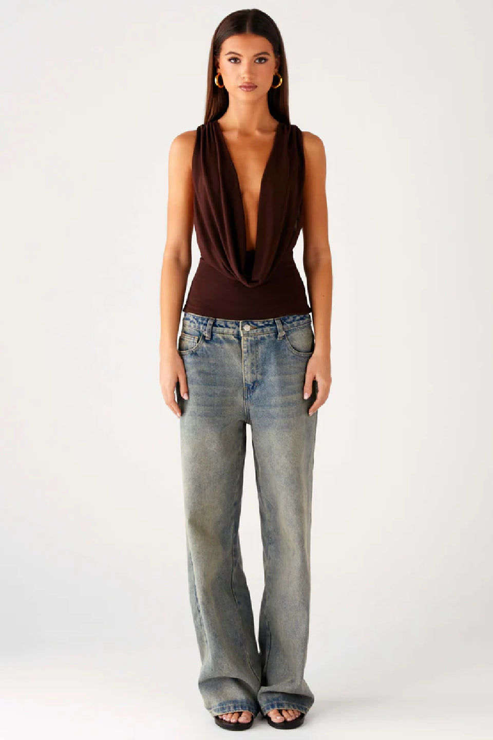 Brown Deep V Cross Back Top
