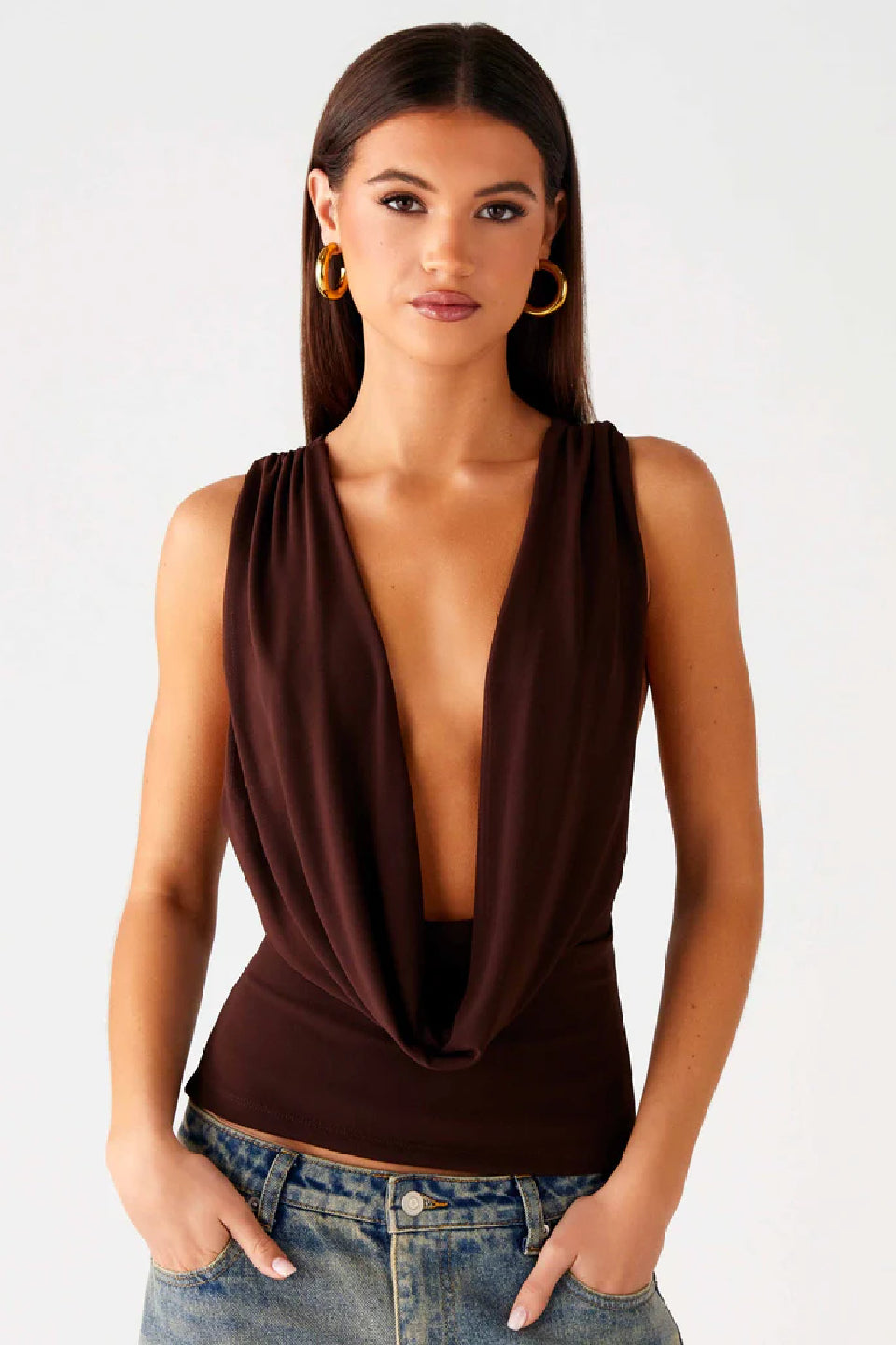 Brown Deep V Cross Back Top