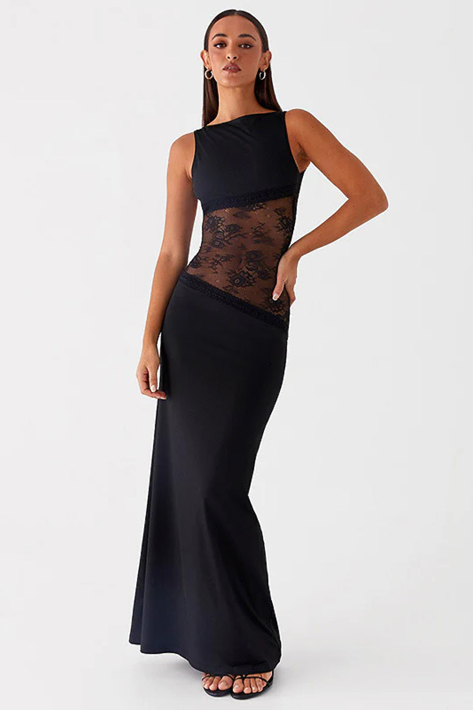Black Lace Waist Open Back Maxi Dress