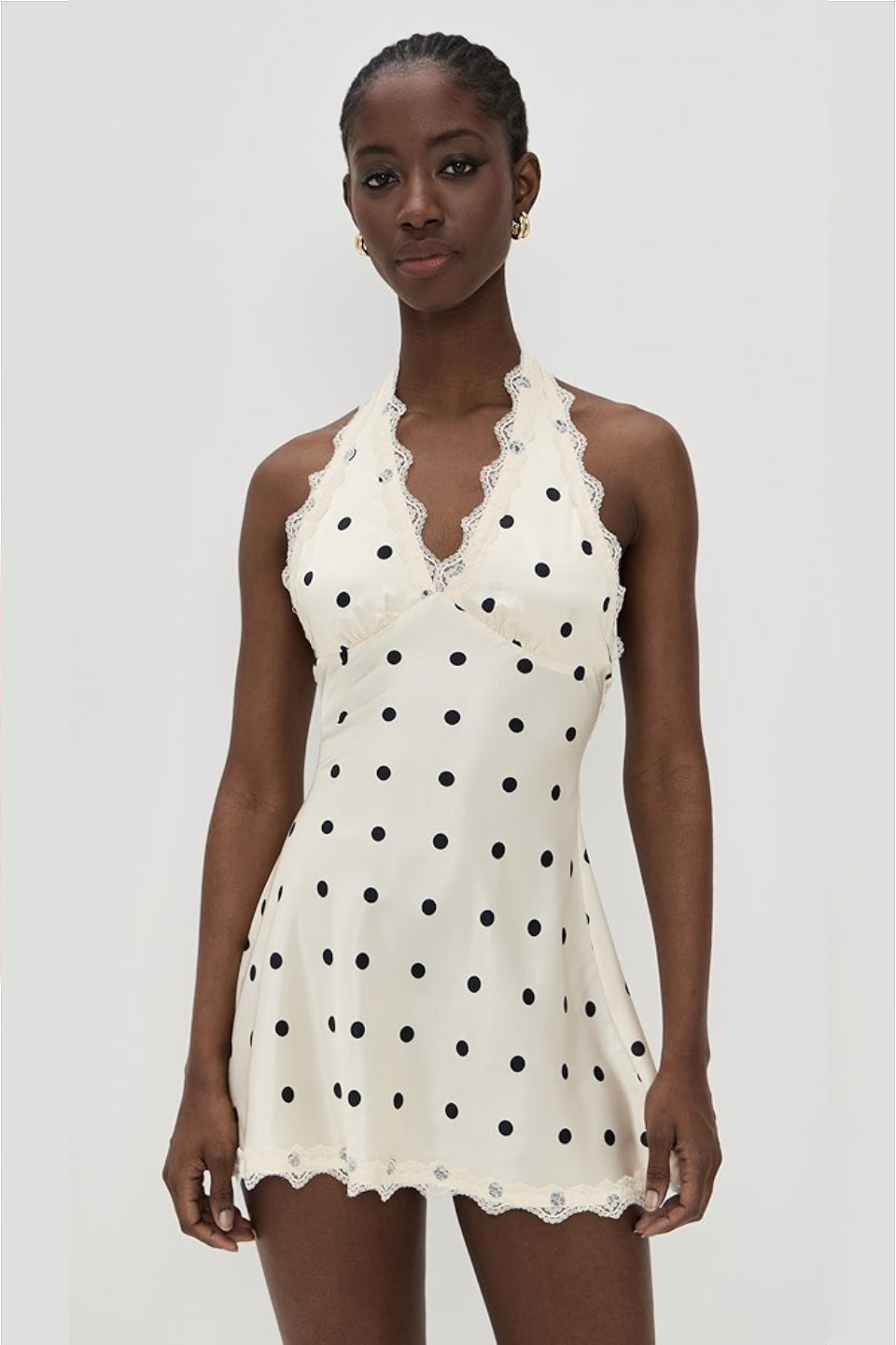 Cream Dot Halter Lace Bow Mini Dress