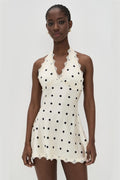 Cream Dot Halter Lace Bow Mini Dress