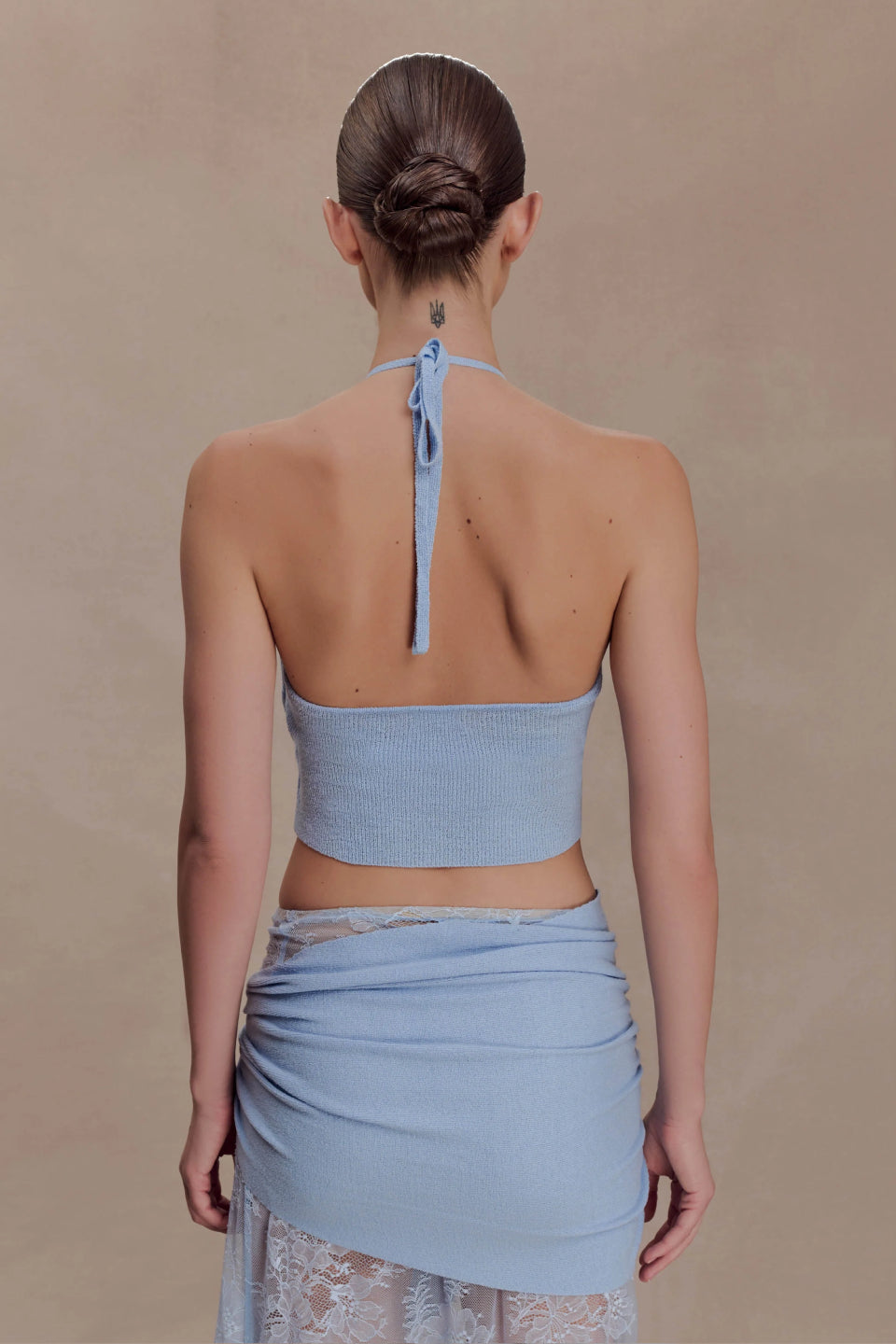 Blue Lace Halter Knit Crop Top