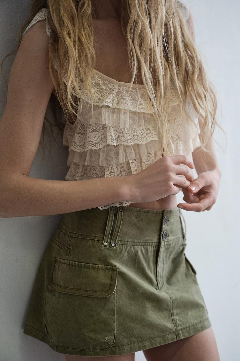 Cream Lace Ruffle Tiered Crop Top