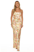 Butter Yellow Floral Satin Maxi Dress