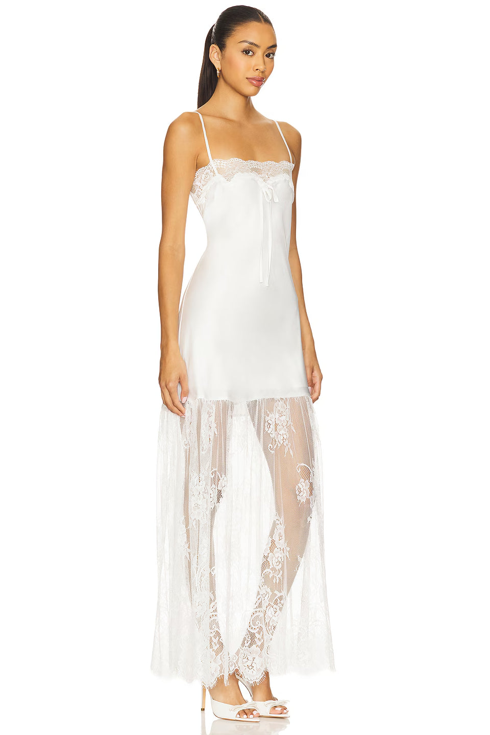 White Satin Lace Overlay Maxi Dress