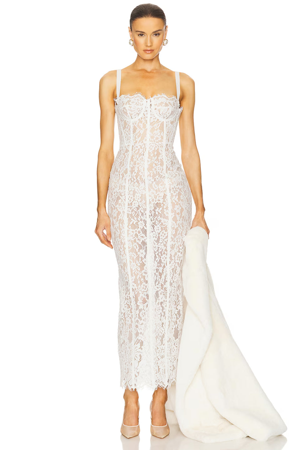 white lace corset midi dress Strapless Corded Lace Corset Midi Dress