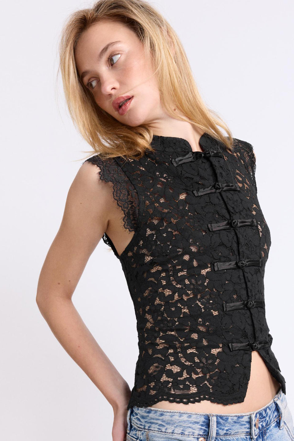 Noir Lace Mandarin Crop Top