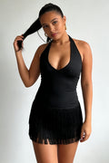 Black Fringe Halter Mini Dress