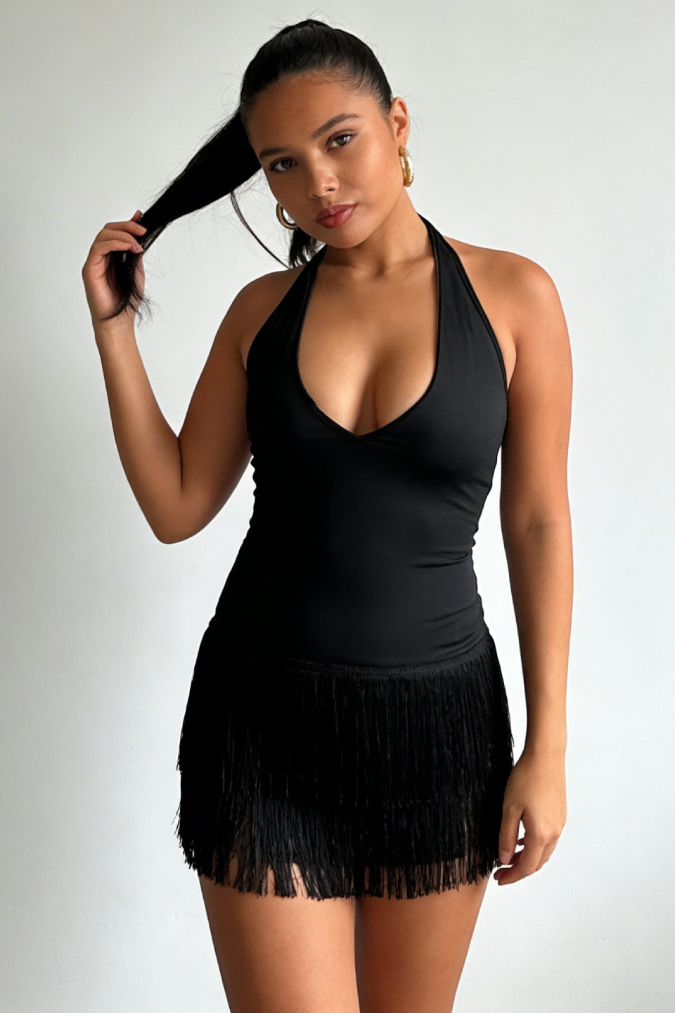 Black Fringe Halter Mini Dress