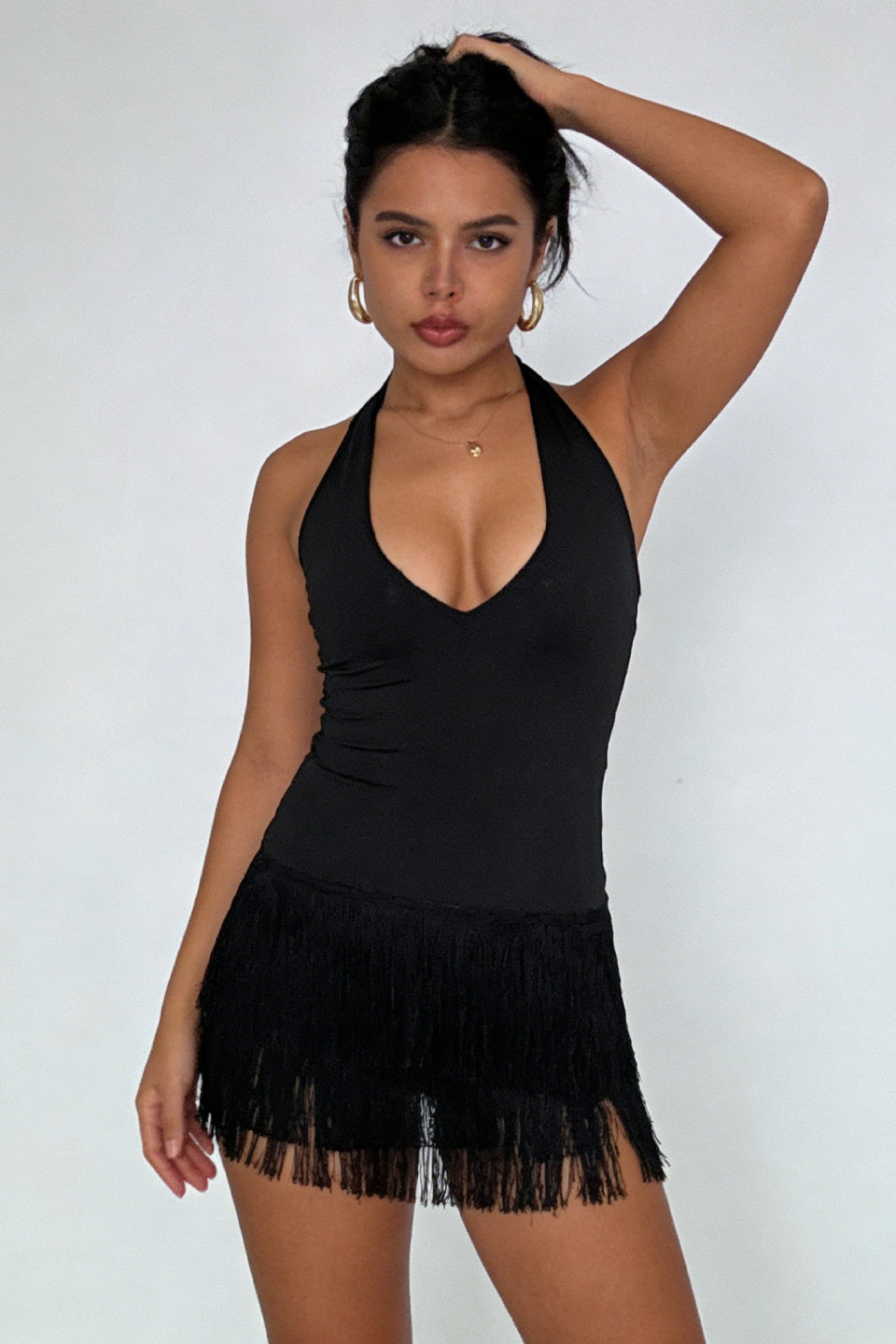 Black Fringe Halter Mini Dress