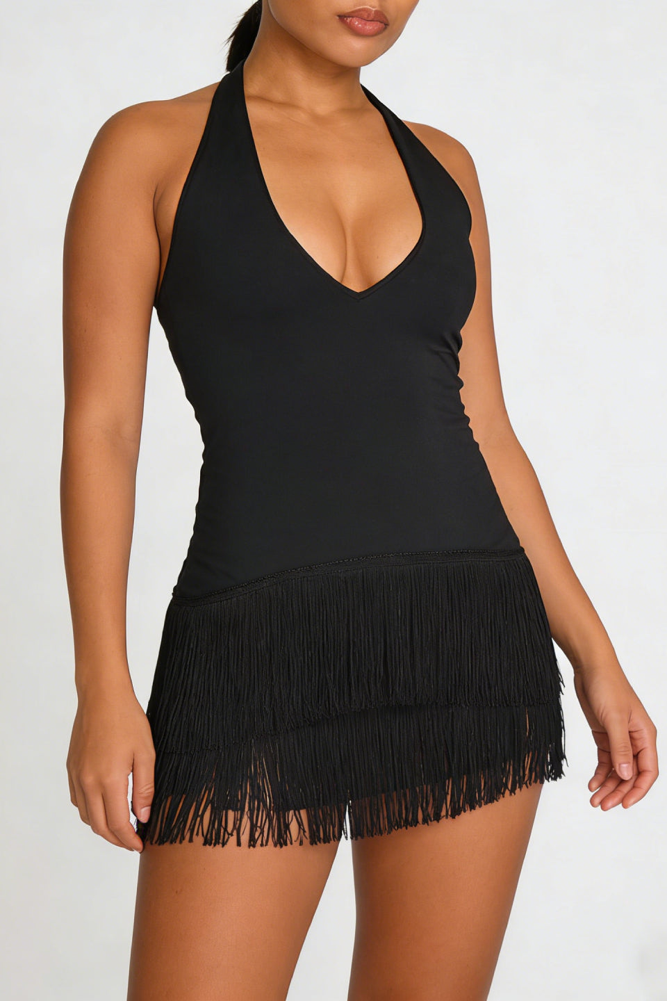 Black Fringe Halter Mini Dress