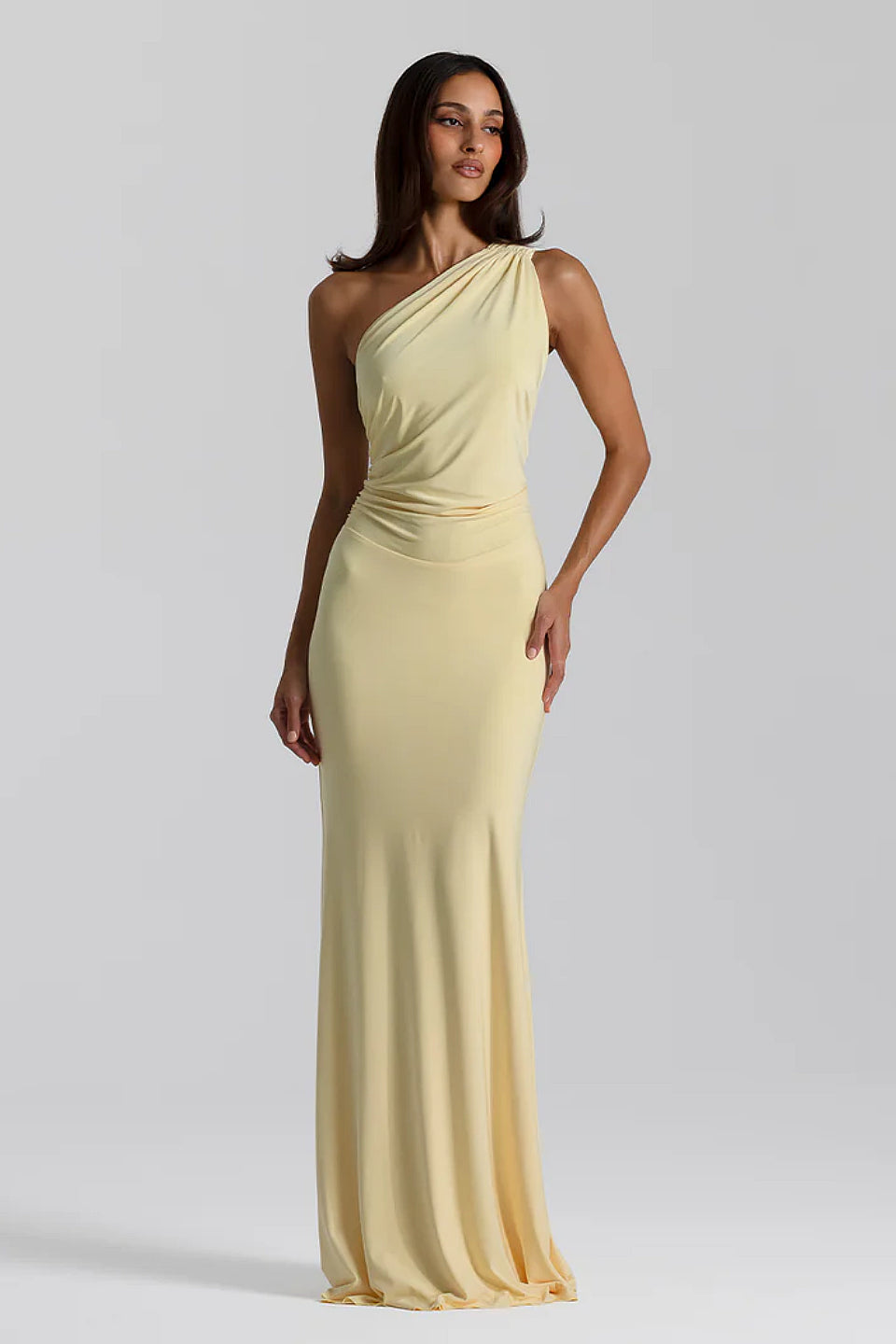 yellow one shoulder maxi dress Deanna One-Shoulder Split weddings and upscale events Tina Yellow Formal Maxi Dress