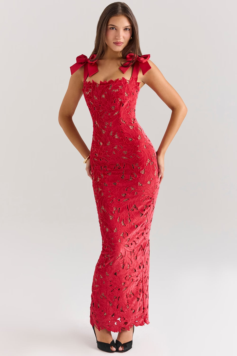 Red Floral Lace Maxi Dress