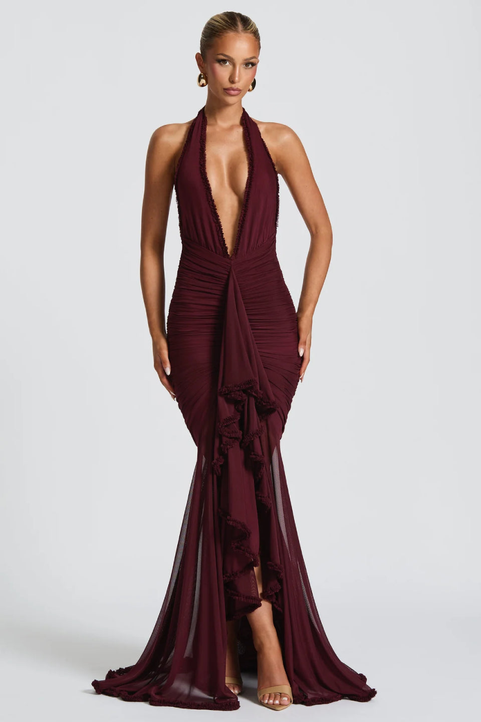 Burgundy Halter Backless Maxi Dress