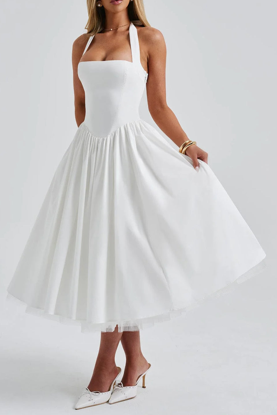 White Halter Corset Midi Dress