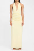 Pale Yellow Halter Ruched Maxi Dress