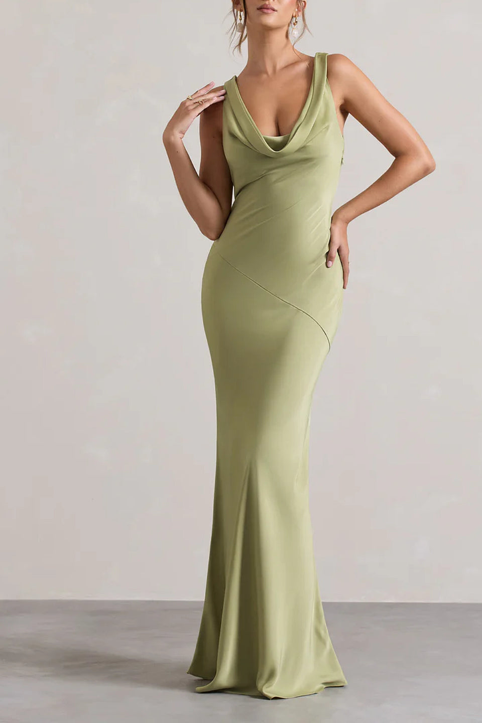 Olive Green Satin Cowl Back Maxi Dress