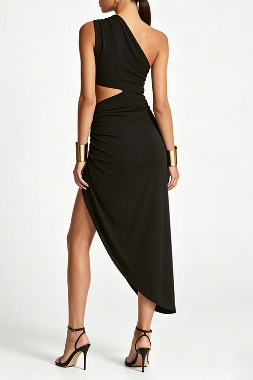 Black One Shoulder Midi Dress