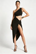 Black One Shoulder Midi Dress