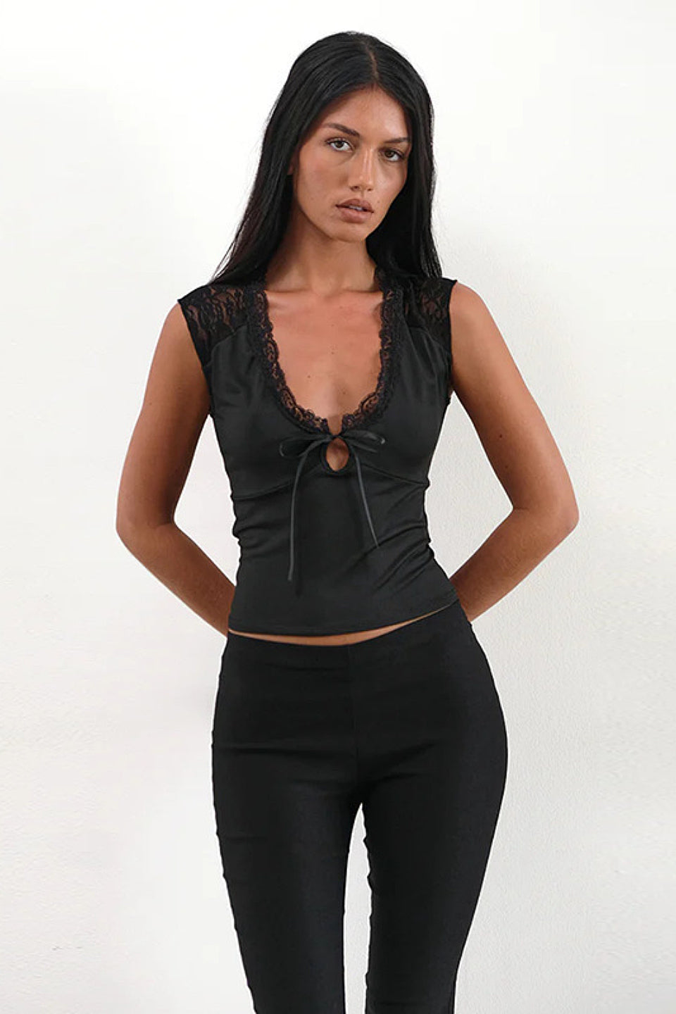Black Lace V Neck Top