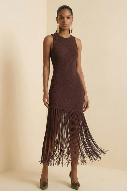 Brown Fringe Midi Dress Bodycon – ShimmerMolly