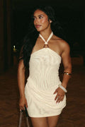 Beige Mesh Halter Mini Dress