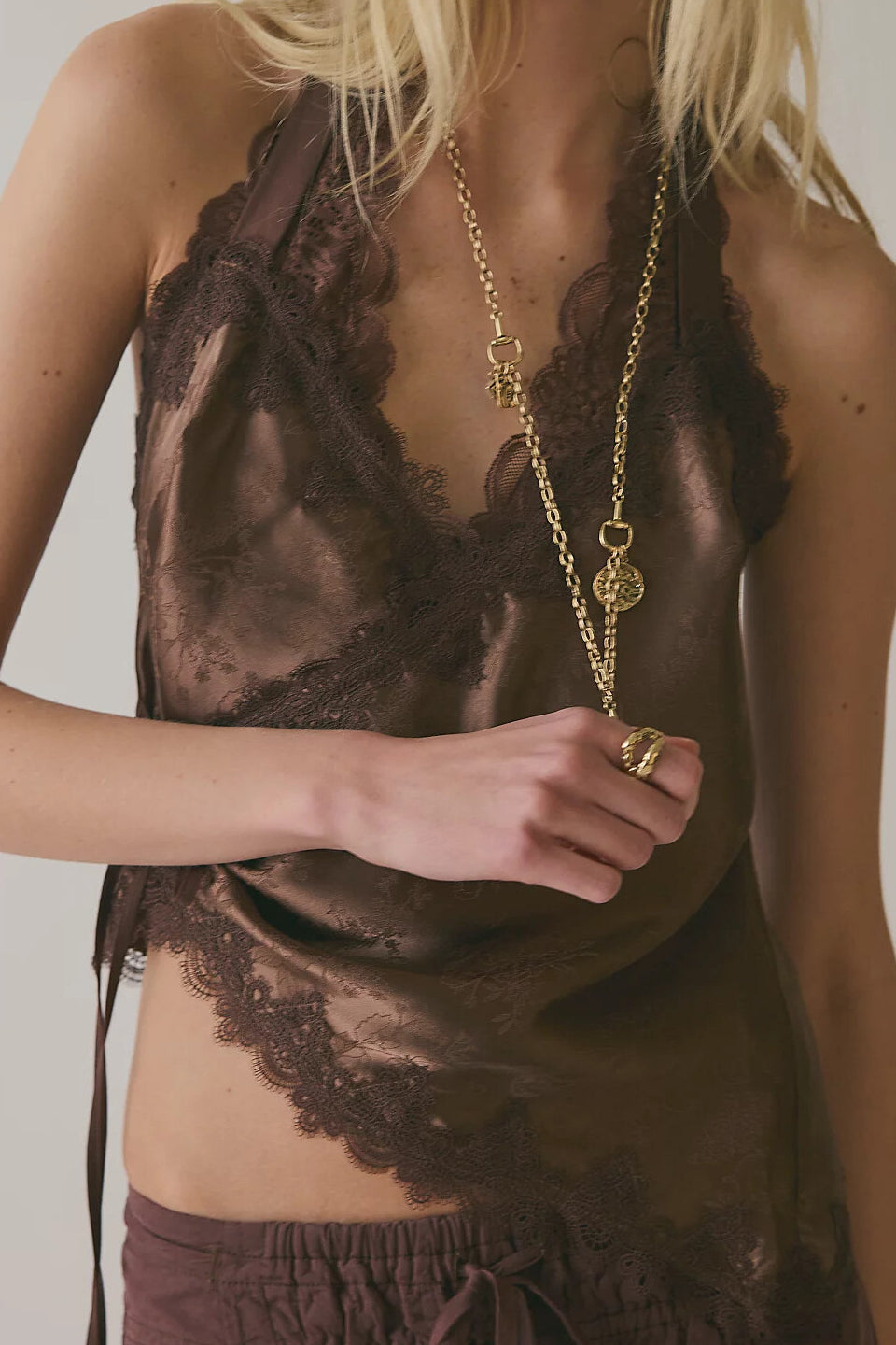 Cocoa Satin Lace Halter Top