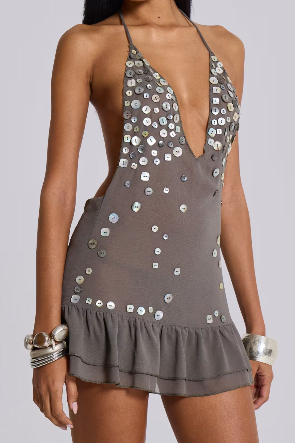 Sequin Ruffle Halter Mini Dress