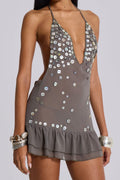 Sequin Ruffle Halter Mini Dress
