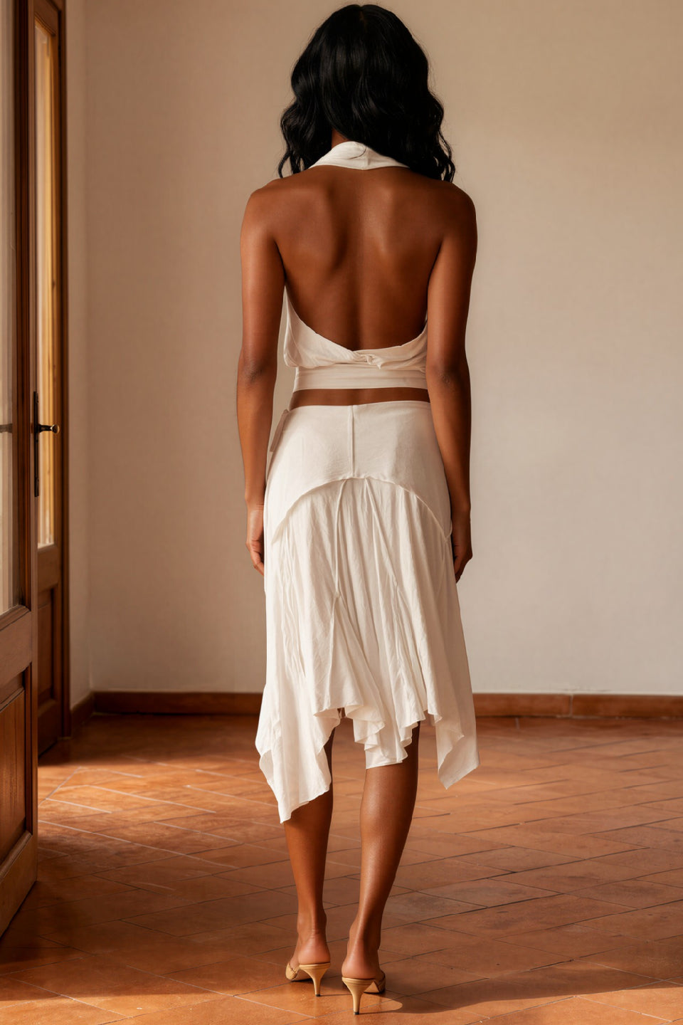 White Ruched Asymmetric Midi Skirt