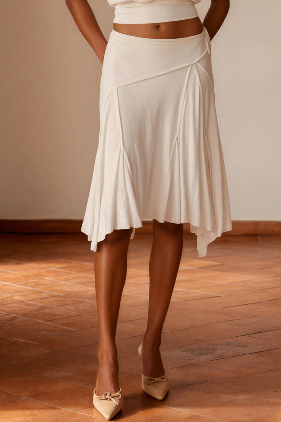 White Ruched Asymmetric Midi Skirt