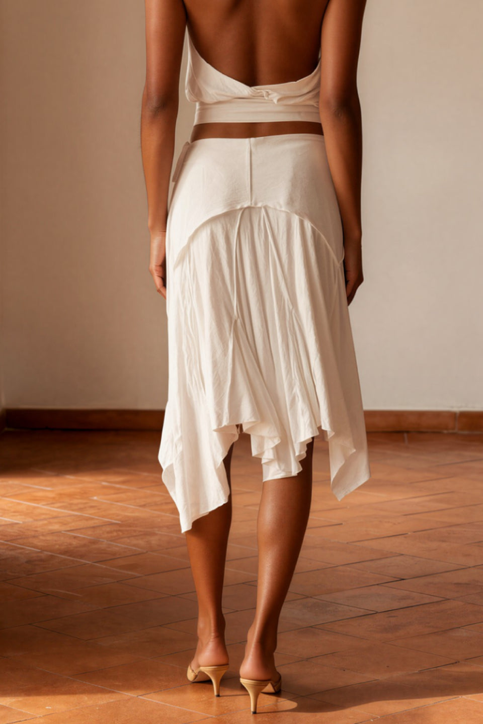 White Ruched Asymmetric Midi Skirt