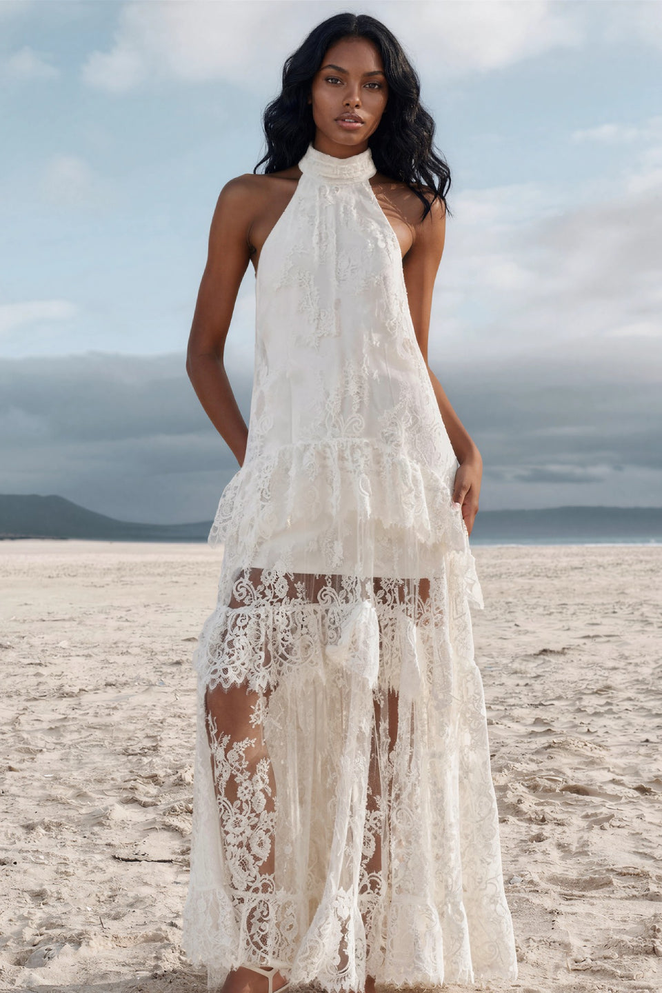 White Lace Halter Maxi Dress